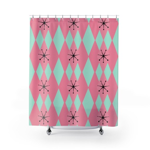 Retro Diamond Harlequin Design 50's Mint Green and Hot Pink Mid Century Modern Shower Curtain