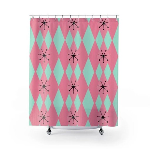 Retro Diamond Harlequin Design 50's Mint Green and Hot Pink Mid Century Modern Shower Curtain - Image 3