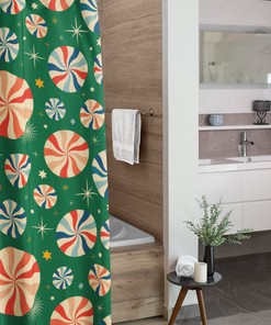 Retro Festive Tub Curtain, Holiday Bathroom Decor, Vintage Shower Curtains