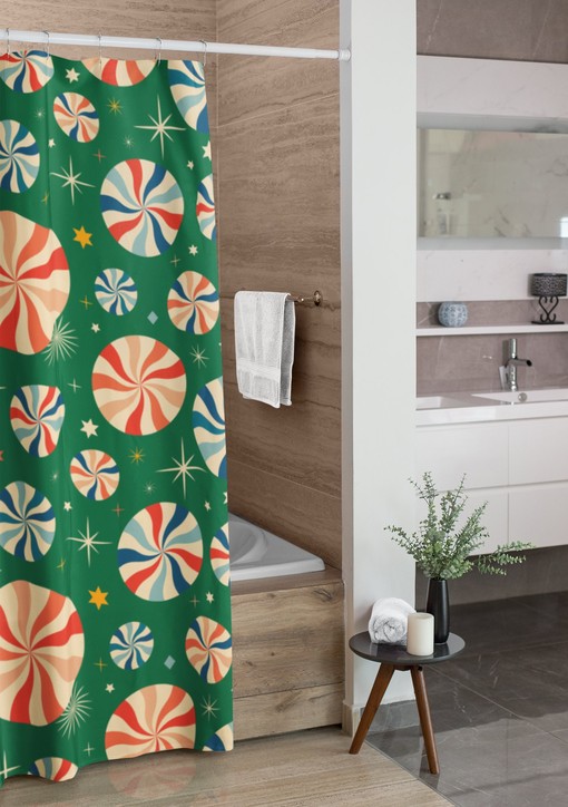 Retro Festive Tub Curtain, Holiday Bathroom Decor, Vintage Shower Curtains