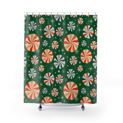 Retro Festive Tub Curtain, Holiday Bathroom Decor, Vintage Shower Curtains - Image 2