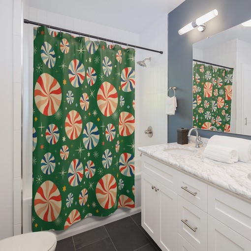 Retro Festive Tub Curtain, Holiday Bathroom Decor, Vintage Shower Curtains - Image 3