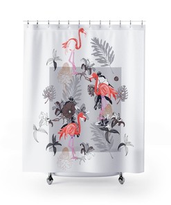Retro Flamingo Tropical Shower Curtain with Mid Century Modern Design