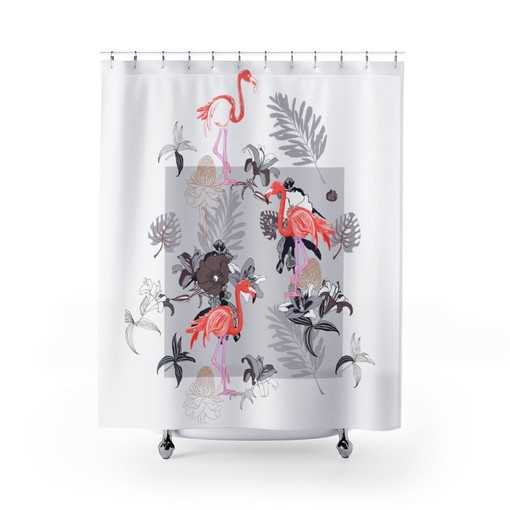 Retro Flamingo Tropical Shower Curtain with Mid Century Modern Design