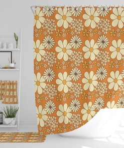 Retro Floral Bathroom Curtain Set, Shower Curtain, Bath Mat, Hand Towel, and Bath Towel for Vintage Charm