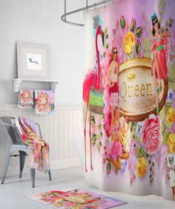 Retro Floral Shower Curtain Set | Vintage Bath Mat & Towels | 50s Style Bathroom Decor