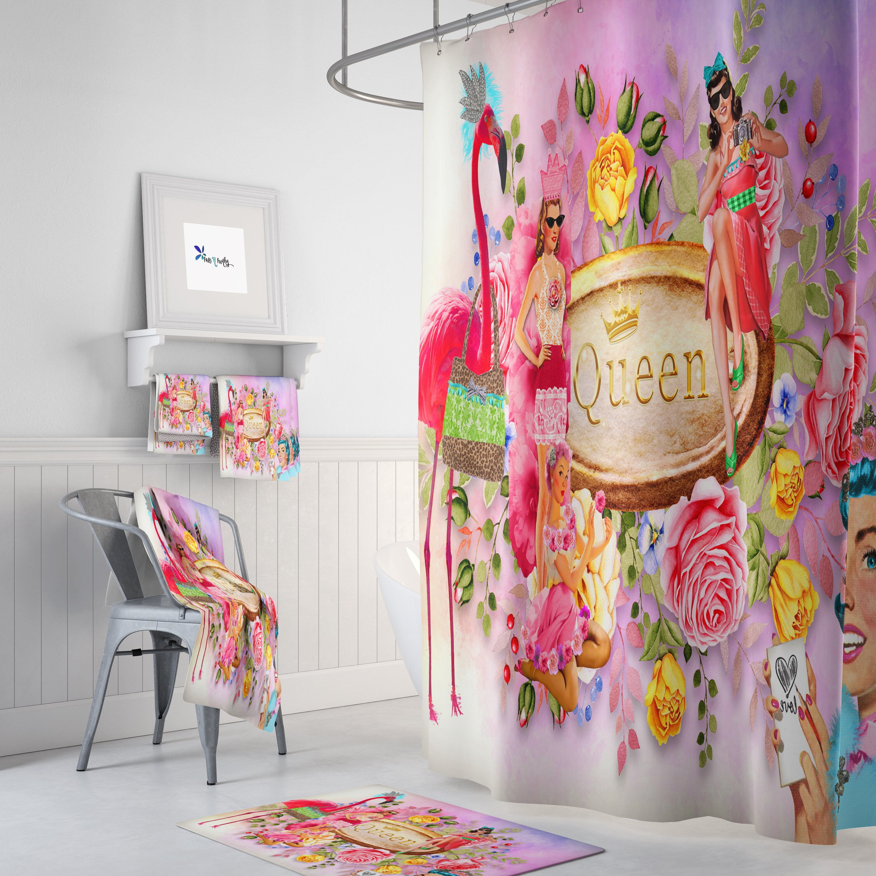 Retro Floral Shower Curtain Set | Vintage Bath Mat & Towels | 50s Style Bathroom Decor