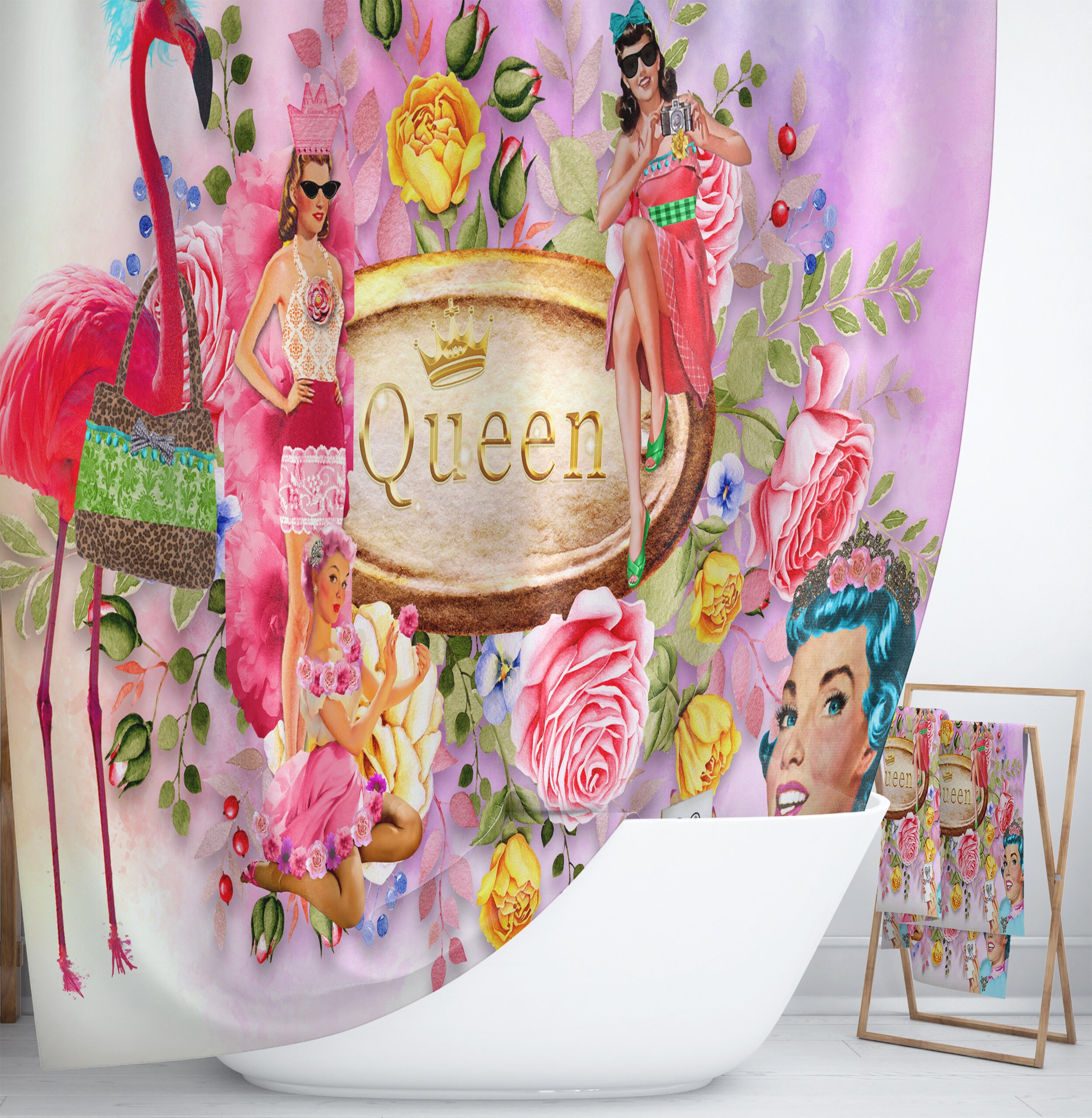 Retro Floral Shower Curtain Set | Vintage Bath Mat & Towels | 50s Style Bathroom Decor - Image 2