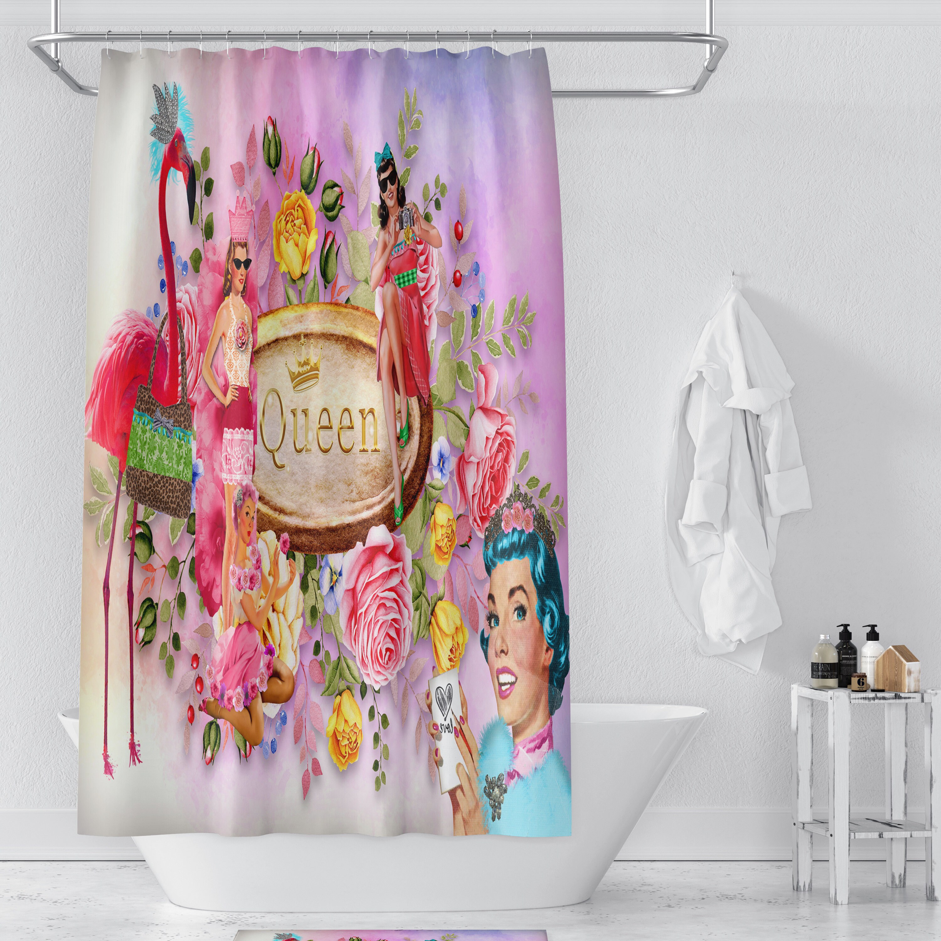 Retro Floral Shower Curtain Set | Vintage Bath Mat & Towels | 50s Style Bathroom Decor - Image 3
