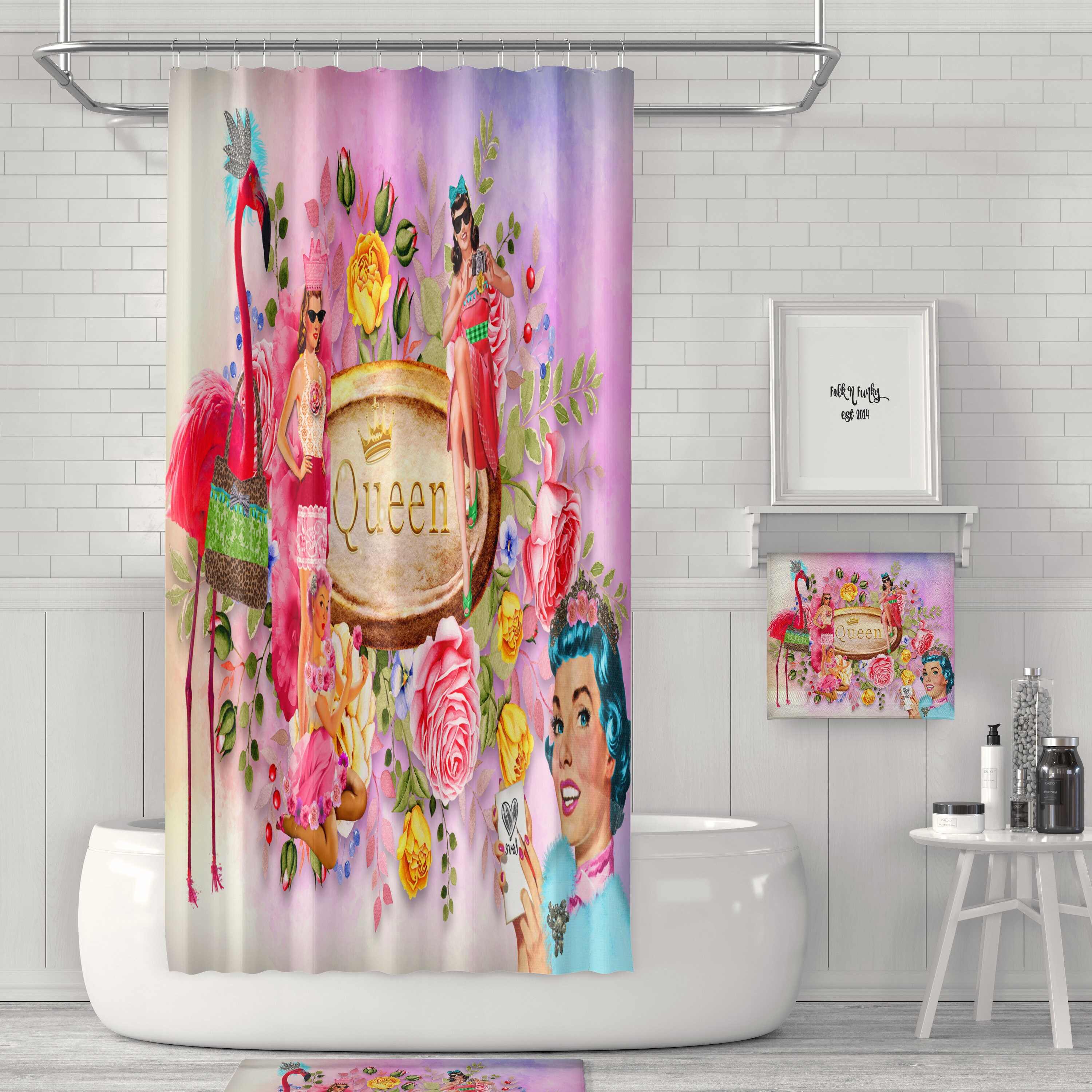 Retro Floral Shower Curtain Set | Vintage Bath Mat & Towels | 50s Style Bathroom Decor - Image 4