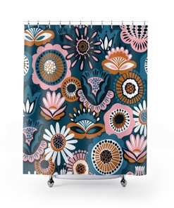 Retro Flower Power Folk Art Shower Curtain, Vintage 1960s Bathroom Decor
