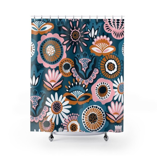 Retro Flower Power Folk Art Shower Curtain, Vintage 1960s Bathroom Decor