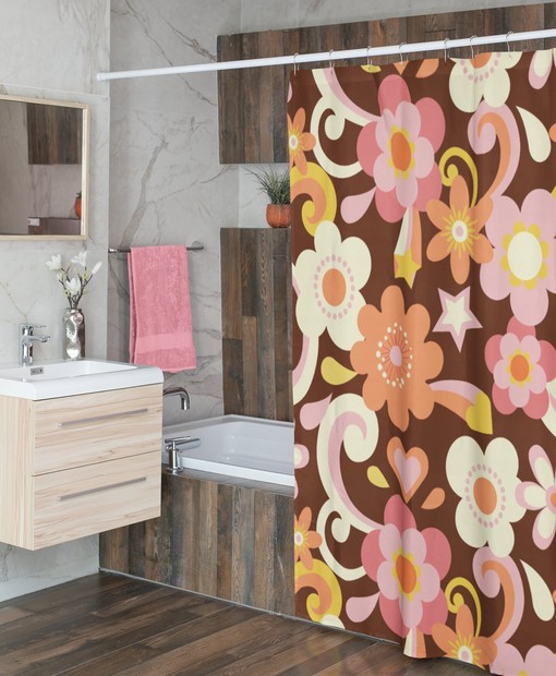 Retro Flower Power Shower Curtain, 70's Hippie Inspired Bathroom Decor