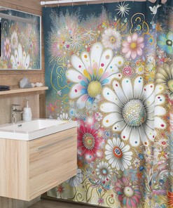Retro Flower Shower Curtain, Groovy 70s Unique Bathroom Accessory