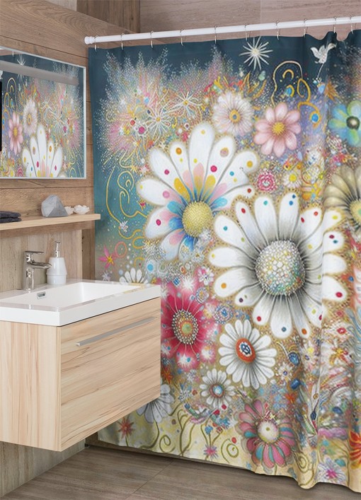 Retro Flower Shower Curtain, Groovy 70s Unique Bathroom Accessory