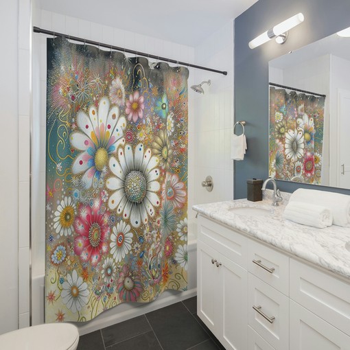 Retro Flower Shower Curtain, Groovy 70s Unique Bathroom Accessory - Image 2