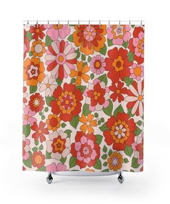 Retro Flower Shower Curtain, Hippie Inspired Bathroom Decor with Vintage Charm