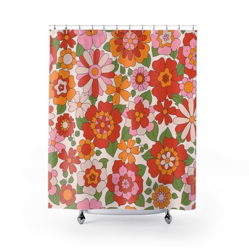 Retro Flower Shower Curtain, Hippie Inspired Bathroom Decor with Vintage Charm