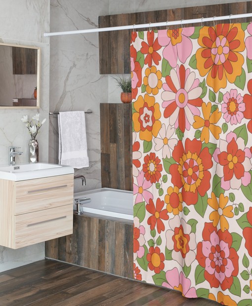 Retro Flower Shower Curtain, Hippie Inspired Bathroom Decor with Vintage Charm - Image 2