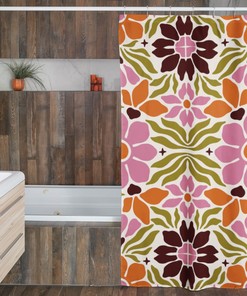 Retro Flower Shower Curtain, Vintage Hippie Bathroom Decor