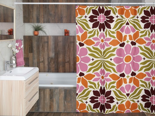 Retro Flower Shower Curtain, Vintage Hippie Bathroom Decor