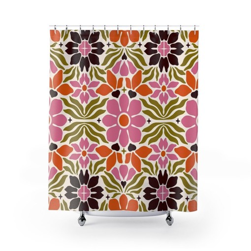 Retro Flower Shower Curtain, Vintage Hippie Bathroom Decor - Image 2