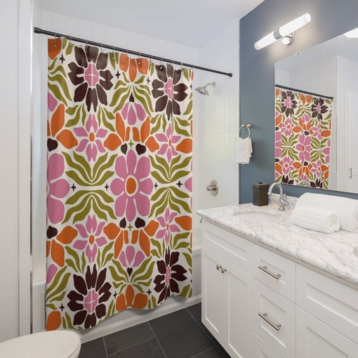 Retro Flower Shower Curtain, Vintage Hippie Bathroom Decor - Image 3