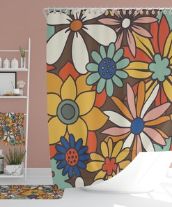 Retro Flowers 70's Bathroom Decor Shower Curtain with Spa Wrap Bath Mat Hand Towel and Bath Towel