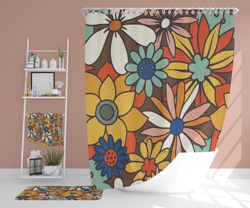 Retro Flowers 70's Bathroom Decor Shower Curtain with Spa Wrap Bath Mat Hand Towel and Bath Towel