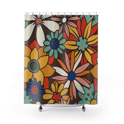 Retro Flowers 70's Bathroom Decor Shower Curtain with Spa Wrap Bath Mat Hand Towel and Bath Towel - Image 2