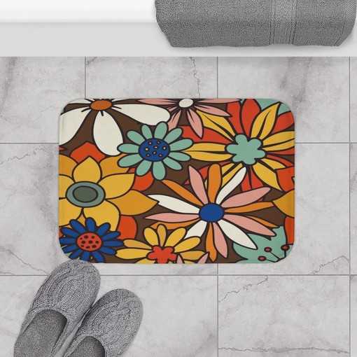 Retro Flowers 70's Bathroom Decor Shower Curtain with Spa Wrap Bath Mat Hand Towel and Bath Towel - Image 3