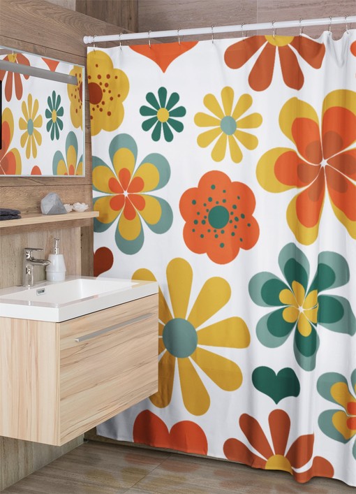 Retro Flowers Mod Boho Shower Curtain - 1970's Hippie Groovy Bathroom Decor