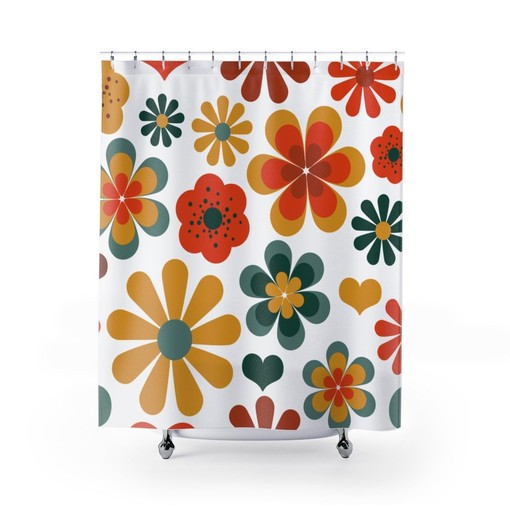 Retro Flowers Mod Boho Shower Curtain - 1970's Hippie Groovy Bathroom Decor - Image 2