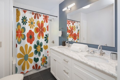 Retro Flowers Mod Boho Shower Curtain - 1970's Hippie Groovy Bathroom Decor - Image 3