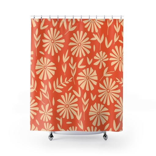 Retro Flowers Mod Boho Shower Curtain for 1970's Hippie Groovy Bathroom Decor