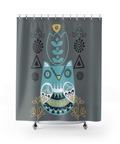 Retro Folk Art Owl Scandinavian Shower Curtain with Denmark Design