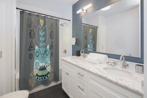 Retro Folk Art Owl Scandinavian Shower Curtain with Denmark Design - Image 2