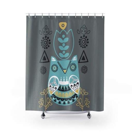 Retro Folk Art Owl Scandinavian Shower Curtain with Denmark Design - Image 3
