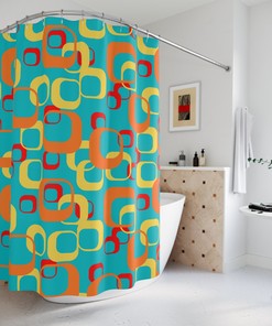 Retro Geometric Aqua Blue, Orange, Yellow, Red, and White Shower Curtain