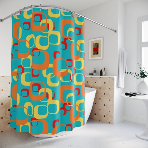 Retro Geometric Aqua Blue, Orange, Yellow, Red, and White Shower Curtain