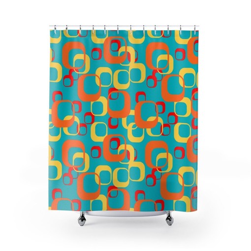 Retro Geometric Aqua Blue, Orange, Yellow, Red, and White Shower Curtain - Image 2