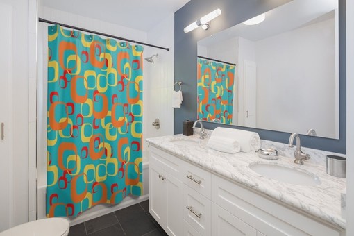 Retro Geometric Aqua Blue, Orange, Yellow, Red, and White Shower Curtain - Image 3
