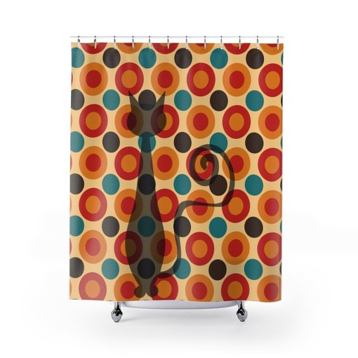 Retro Geometric Mid Century Modern Shower Curtain with Atomic Cat Sexton Design
