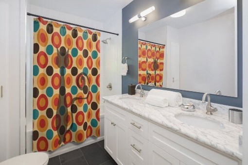 Retro Geometric Mid Century Modern Shower Curtain with Atomic Cat Sexton Design - Image 3