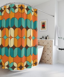 Retro Geometric Orange, Teal, and Cream Mid Century Modern Shower Curtain with Bold Accents