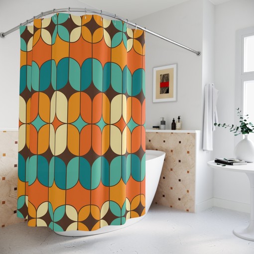 Retro Geometric Orange, Teal, and Cream Mid Century Modern Shower Curtain with Bold Accents