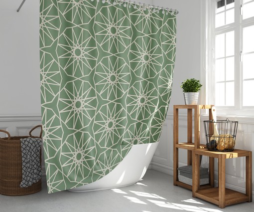Retro Green Star Geometry Pattern Shower Curtain and Mat, Vintage Bathroom Decor