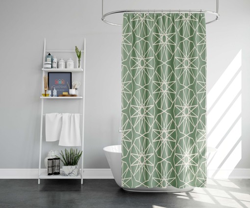 Retro Green Star Geometry Pattern Shower Curtain and Mat, Vintage Bathroom Decor - Image 2