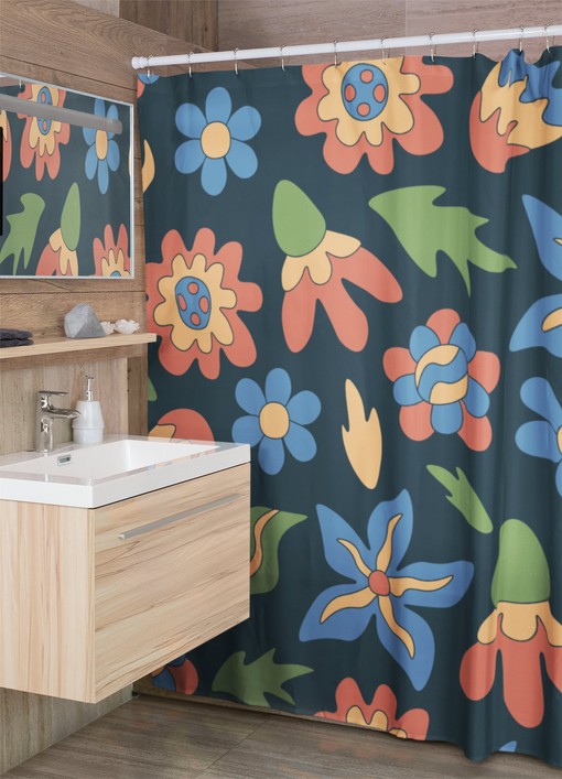 Retro Groovy 60's 70's Flowers Shower Curtain with Bohemian Touch for Hippie Bathroom Accessory
