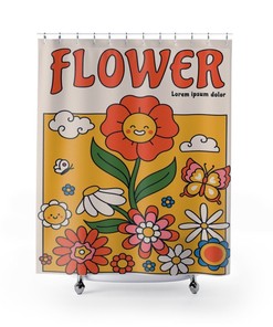Retro Groovy Flower Shower Curtain, 60s 70s Hippie Bathroom Decor